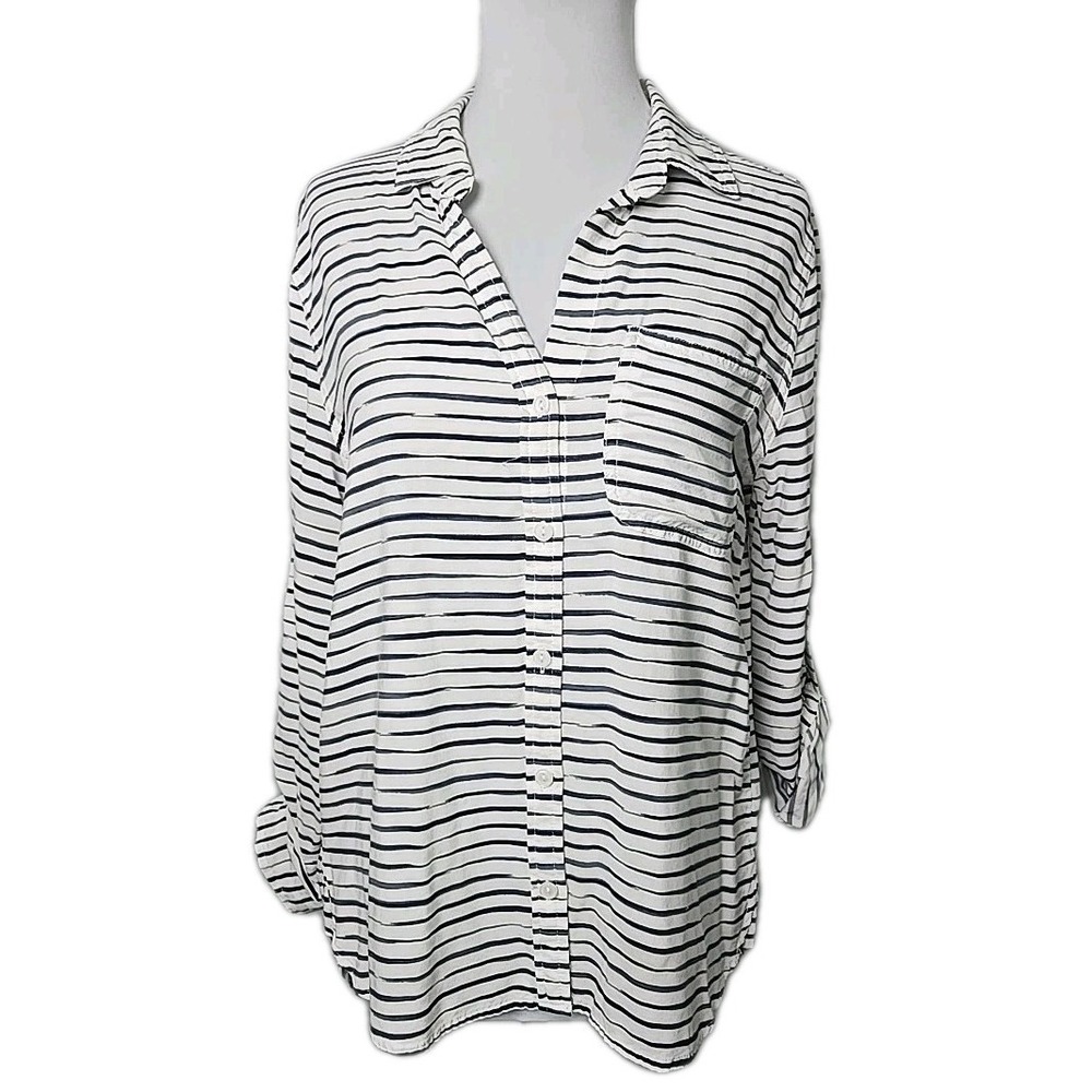 Violet Heart Off White Blue Stripe Button Up Shirt Women's Small S Tab Sleeve